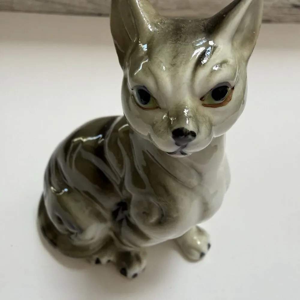 Vintage Bone China Gray Tabby Cat Kitty Figurine MCM